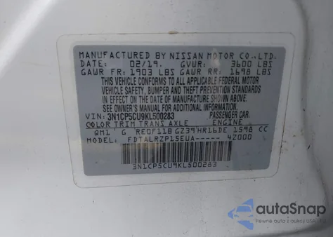 2019 Nissan Kicks S z USA, uszkodzony, nr VIN 3N1CP5CU9KL500283